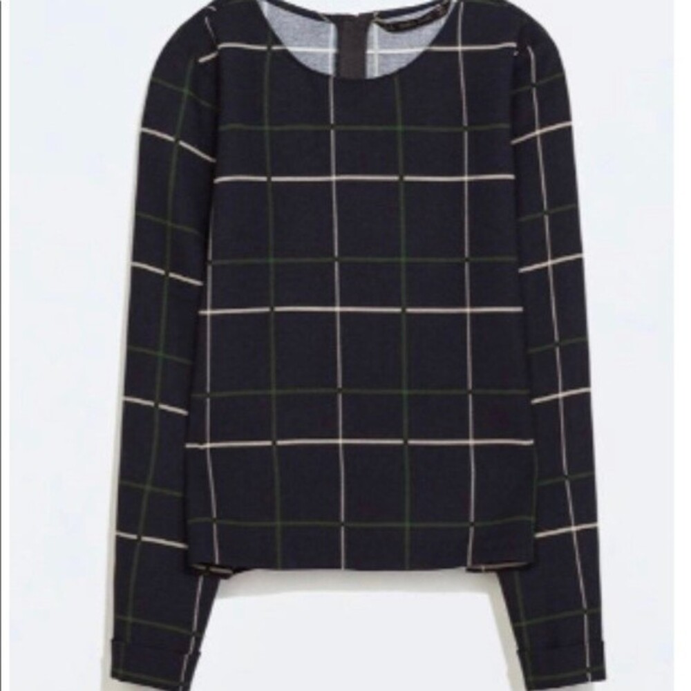 Zara Basic navy plaid blouse
